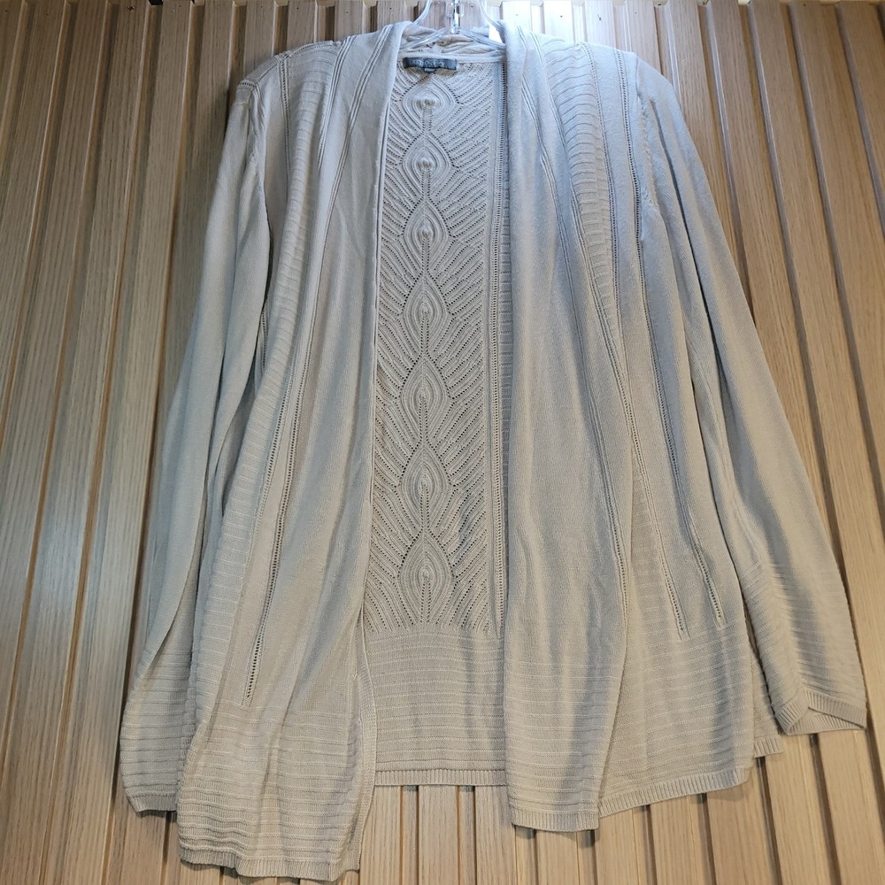 Retro-ology Womens Medium Beige Pointelle Open Front Cardigan Rayon Knit Sweater